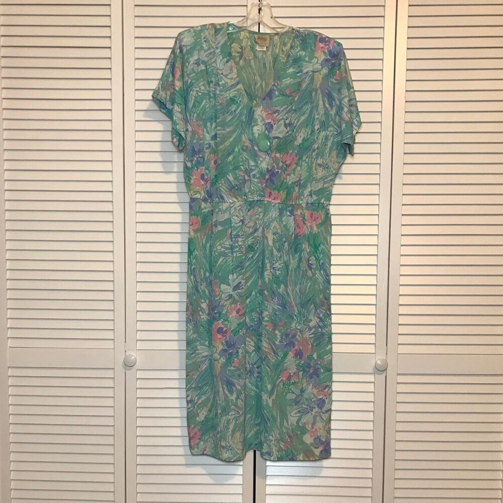 Luci Pellini 1980’s Vintage Floral V-neck Short Sleeve A-line Midi Dress 12